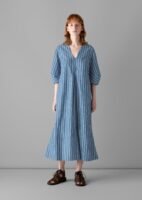 V-Neck Stripe Organic Cotton Poplin Dress | Duffle Blue