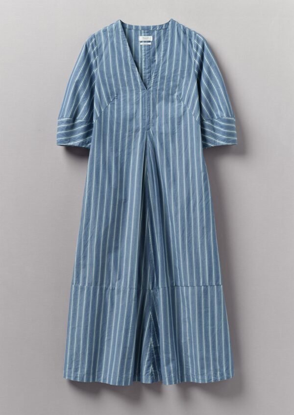 V-Neck Stripe Organic Cotton Poplin Dress | Duffle Blue